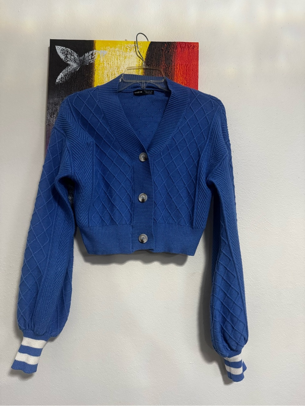 SHEIN Blue Cropped Diamond-Knit Cardigan with Striped Cuffs